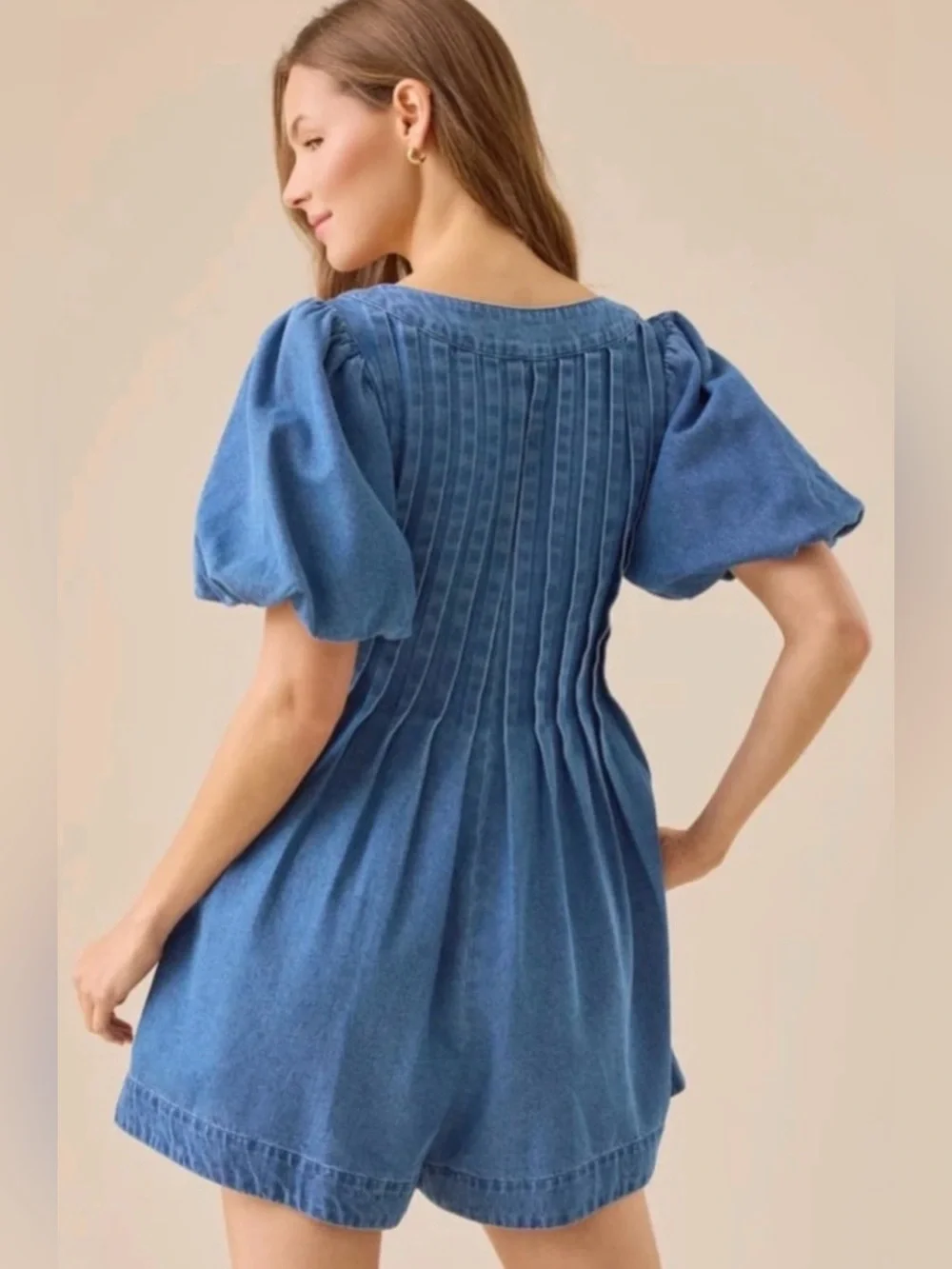 Altar'd State Medium Wash Denim Romper with Puff Sleeves - Blue - Picture 2 of 6